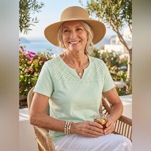 SIZE XL Karen Scott® Crochet Trim V-Neck Top in Mint Green